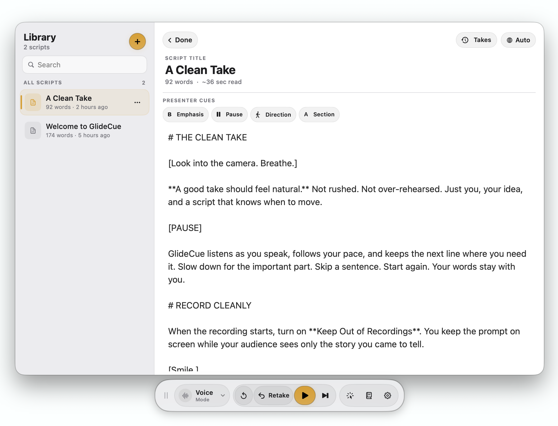 GlideCue script library and presenter cues