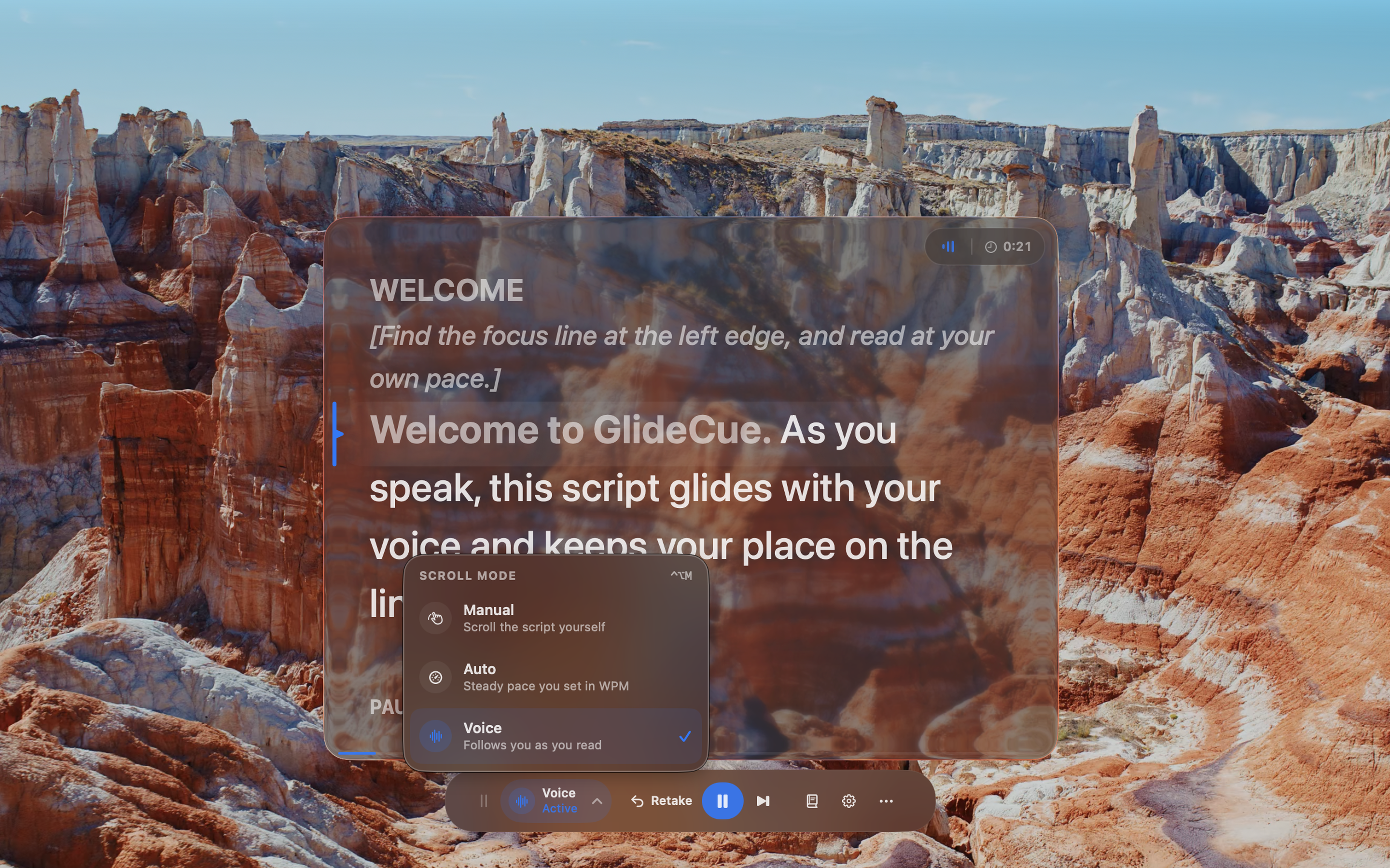 GlideCue Manual, Auto, and Voice scroll controls