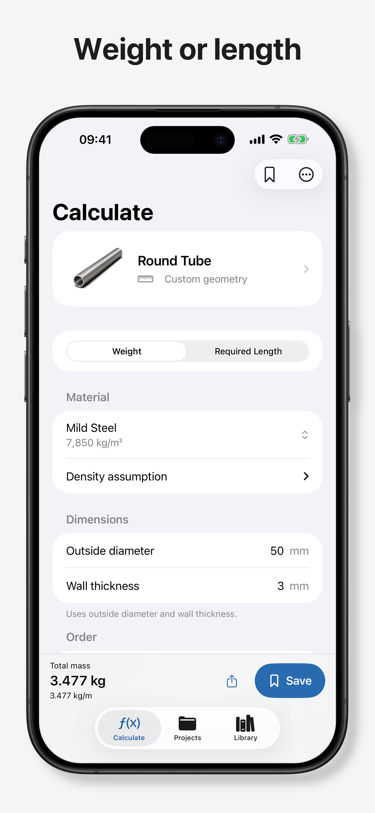 Metal Weight on iPhone, showing weight and required-length calculation modes
