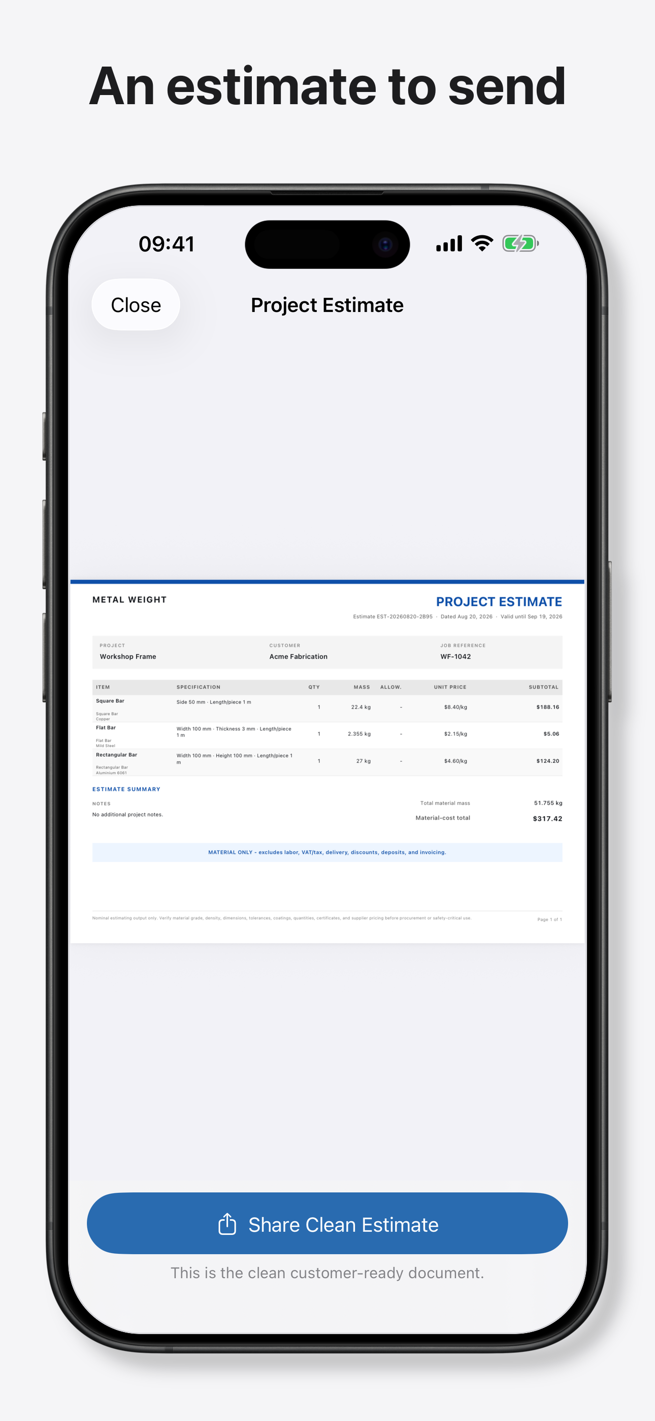 A customer-ready estimate generated by Metal Weight