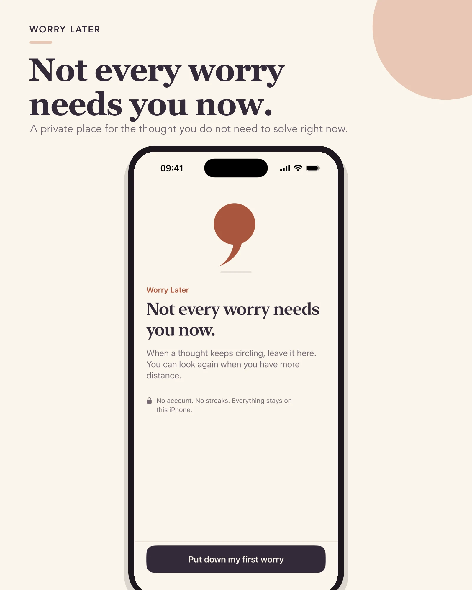 Worry Later welcome screen: Not every worry needs you now