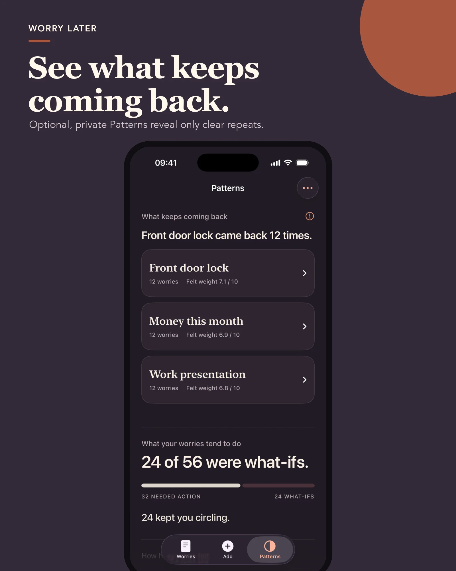 Worry Later Patterns screen: See what keeps coming back