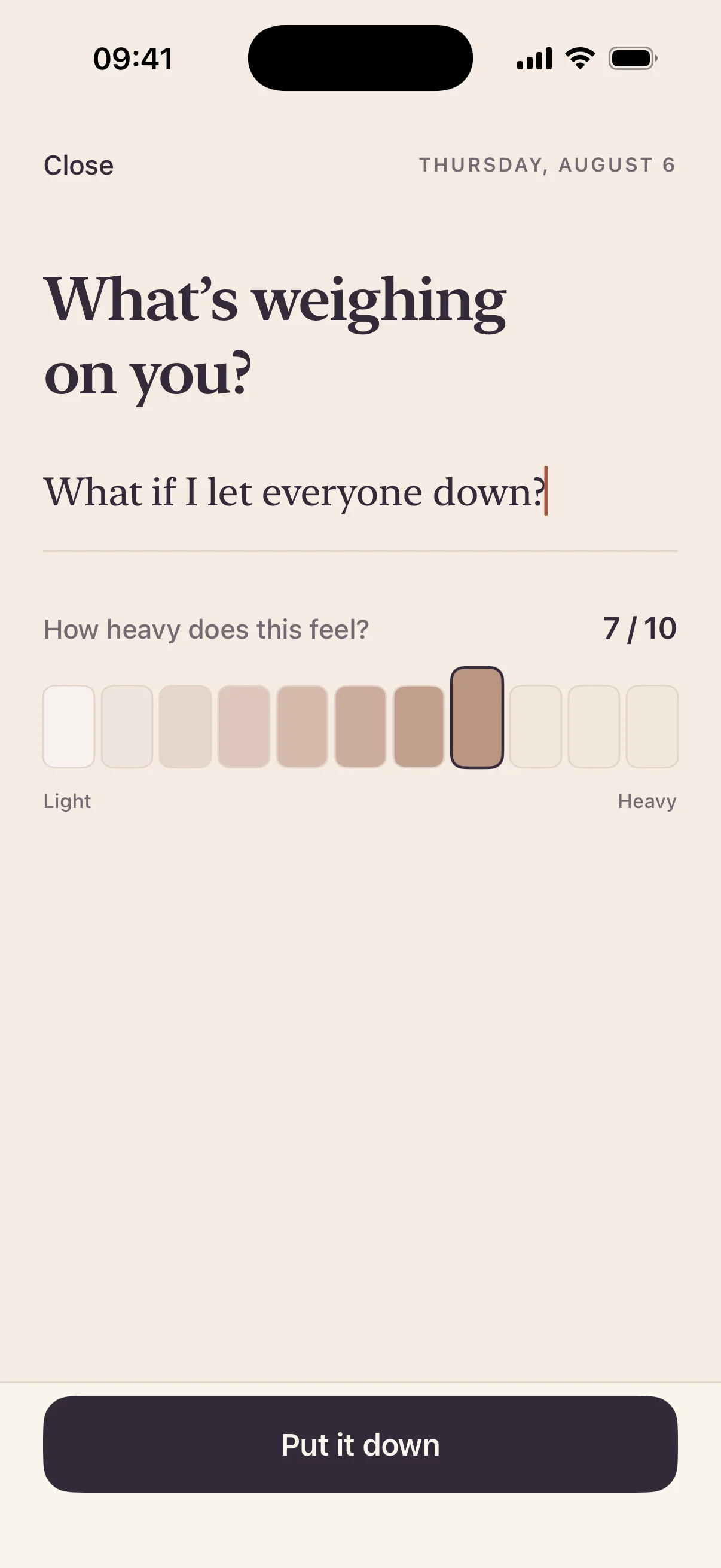 Worry Later’s real capture screen with a worry and felt-weight scale