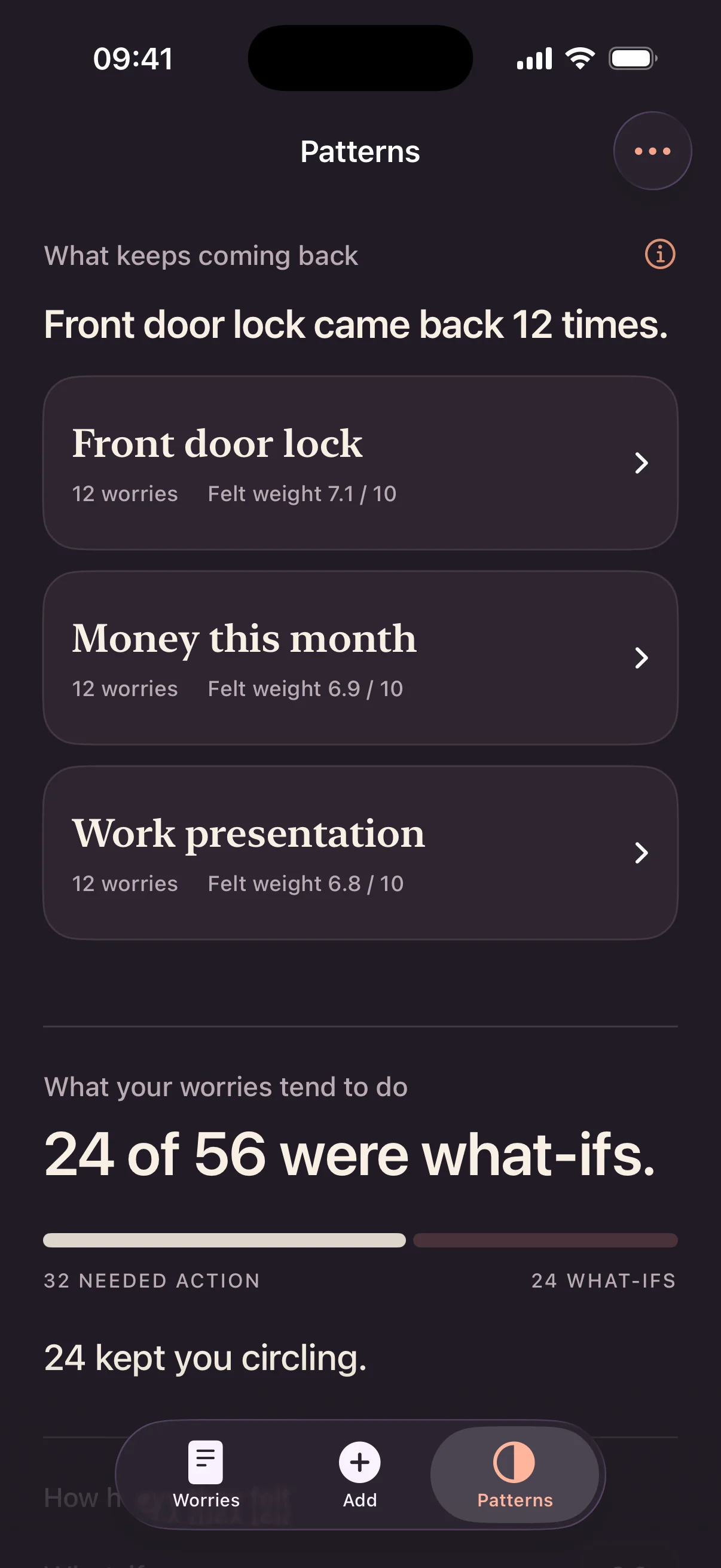 The real Worry Later Patterns screen in dark mode showing recurring worry themes