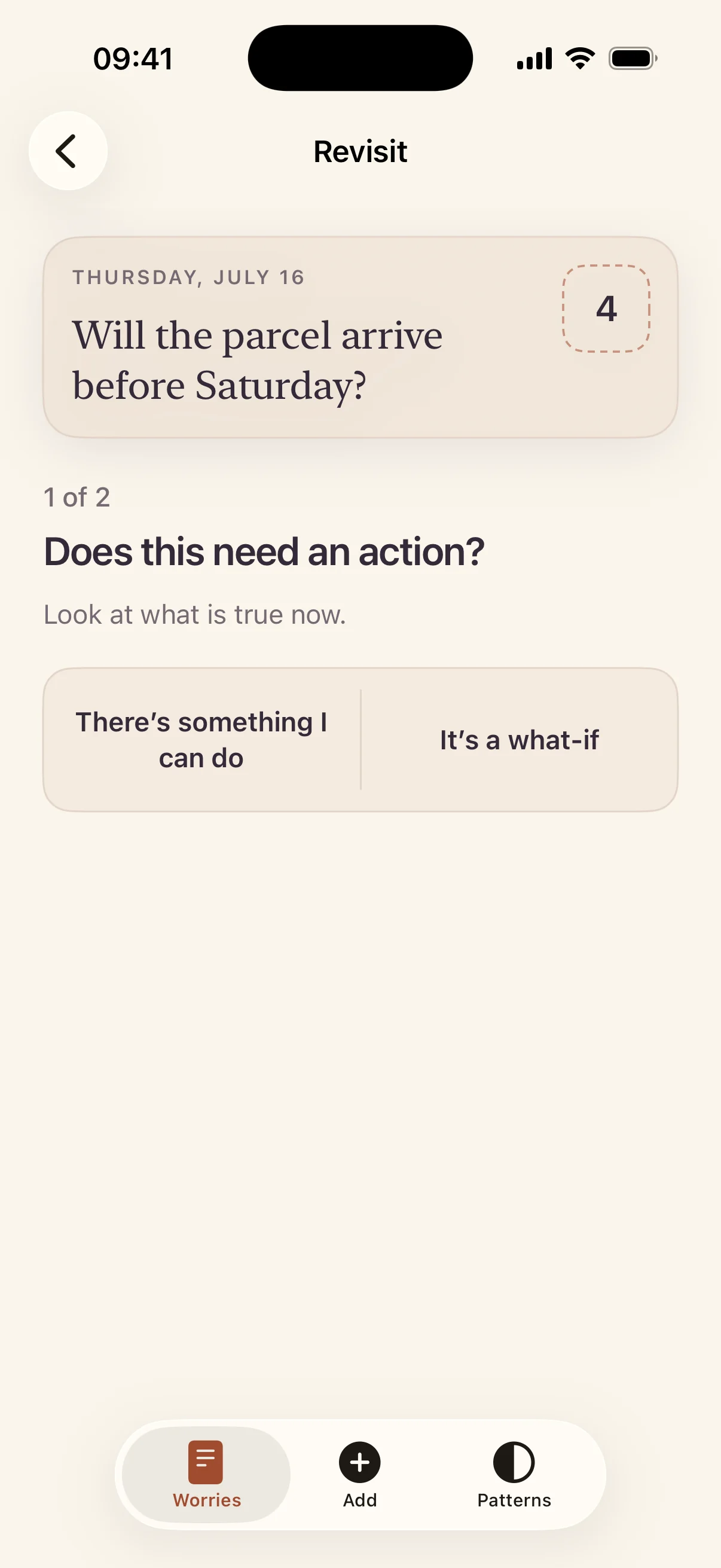 The real Worry Later revisit screen asking whether a worry needs an action